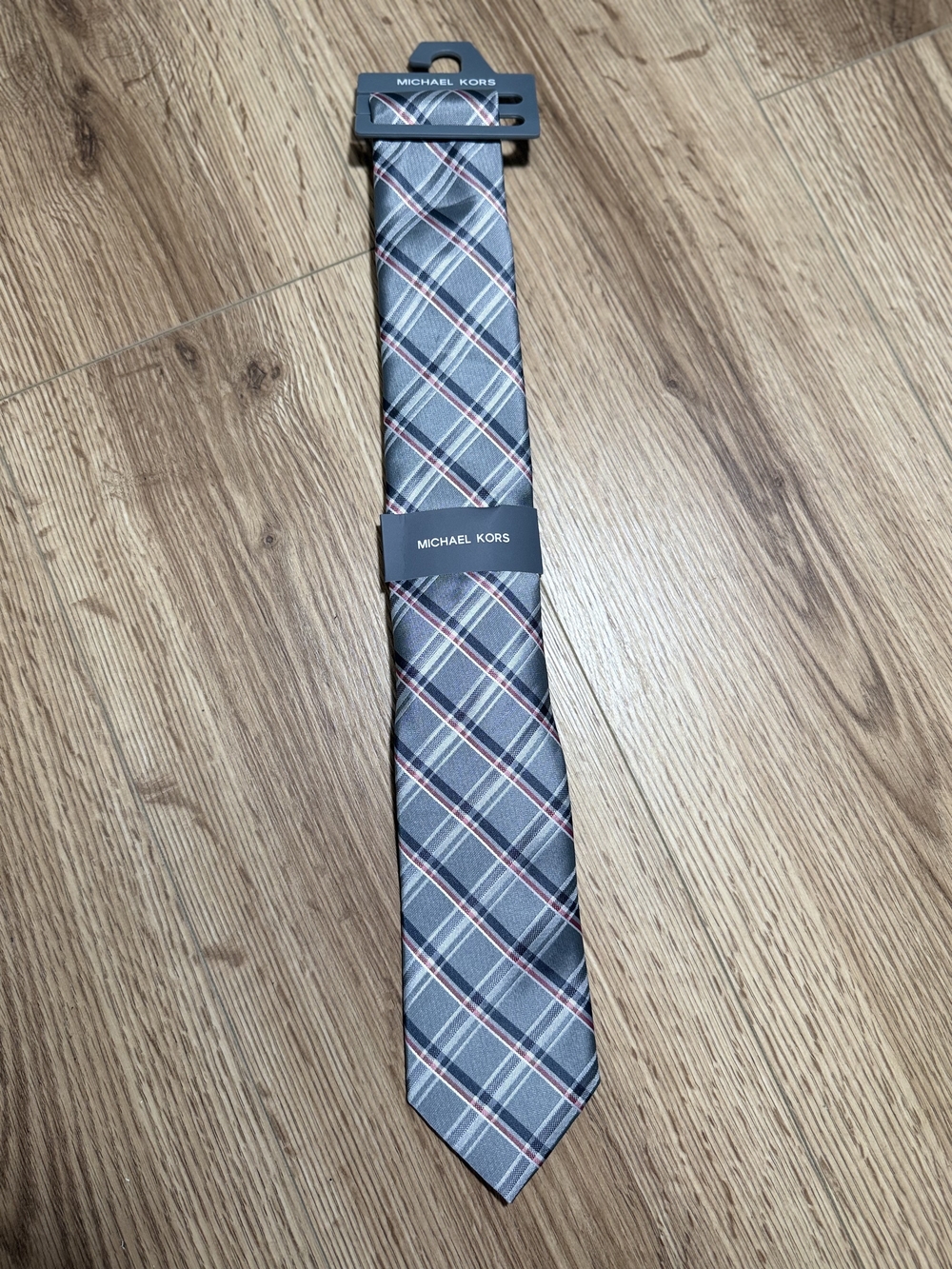 Michael Kors Gray Plaid Tie with Red and White Stripes
